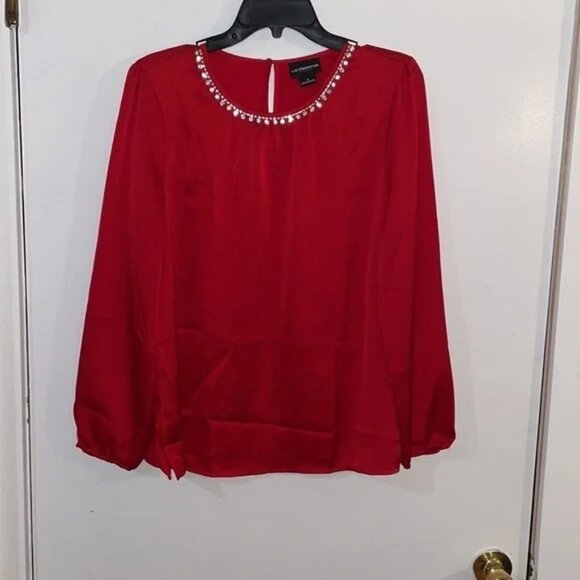 NWTLIZ CLAIBORNE  Size M red long sleeve blouse,rhinestones round neck - Picture 2 of 6